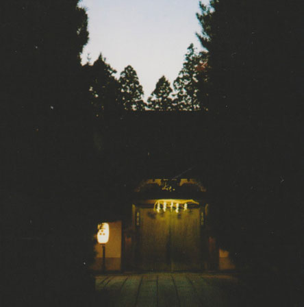 Dimly lit traditional Japanese gate framed by tall dark trees at dusk.