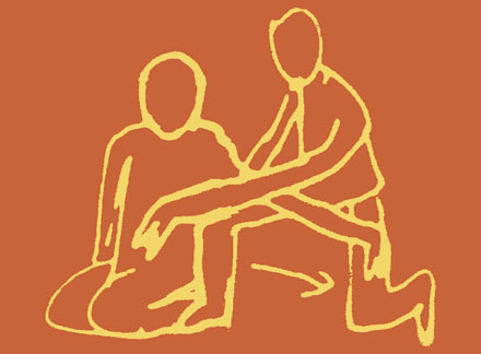 Minimalist line drawing of two figures, one sitting cross-legged and the other kneeling beside them with an arm extended.