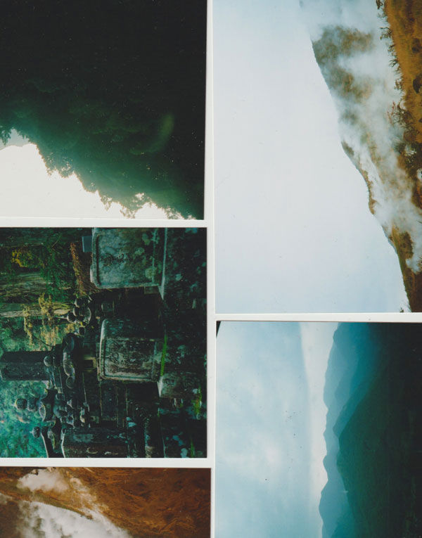 Collage of four landscape images including a forest canopy, misty mountain ridge, ancient stone statue cluster, and a foggy valley view.
