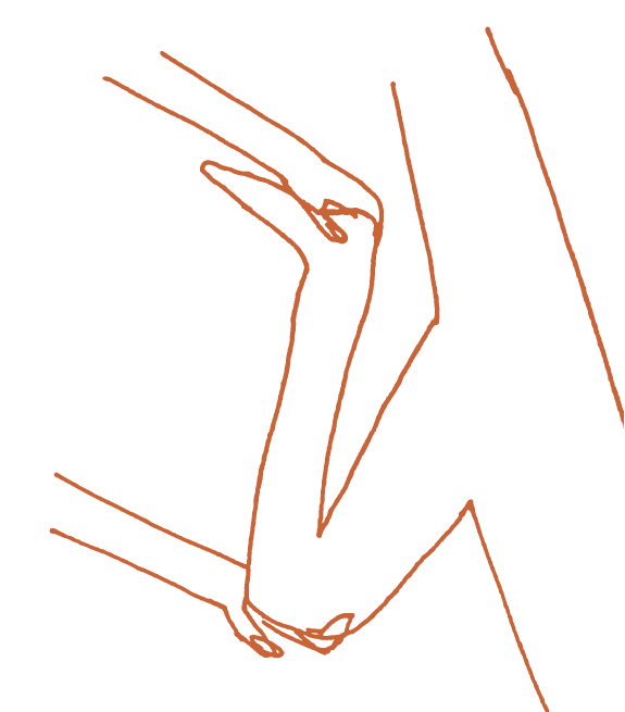 Minimalist line drawing of a person holding their bent arm with the opposite hand.