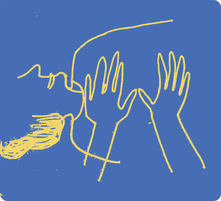 Minimalist yellow line drawing of a person with closed eyes and raised hands on a blue background.